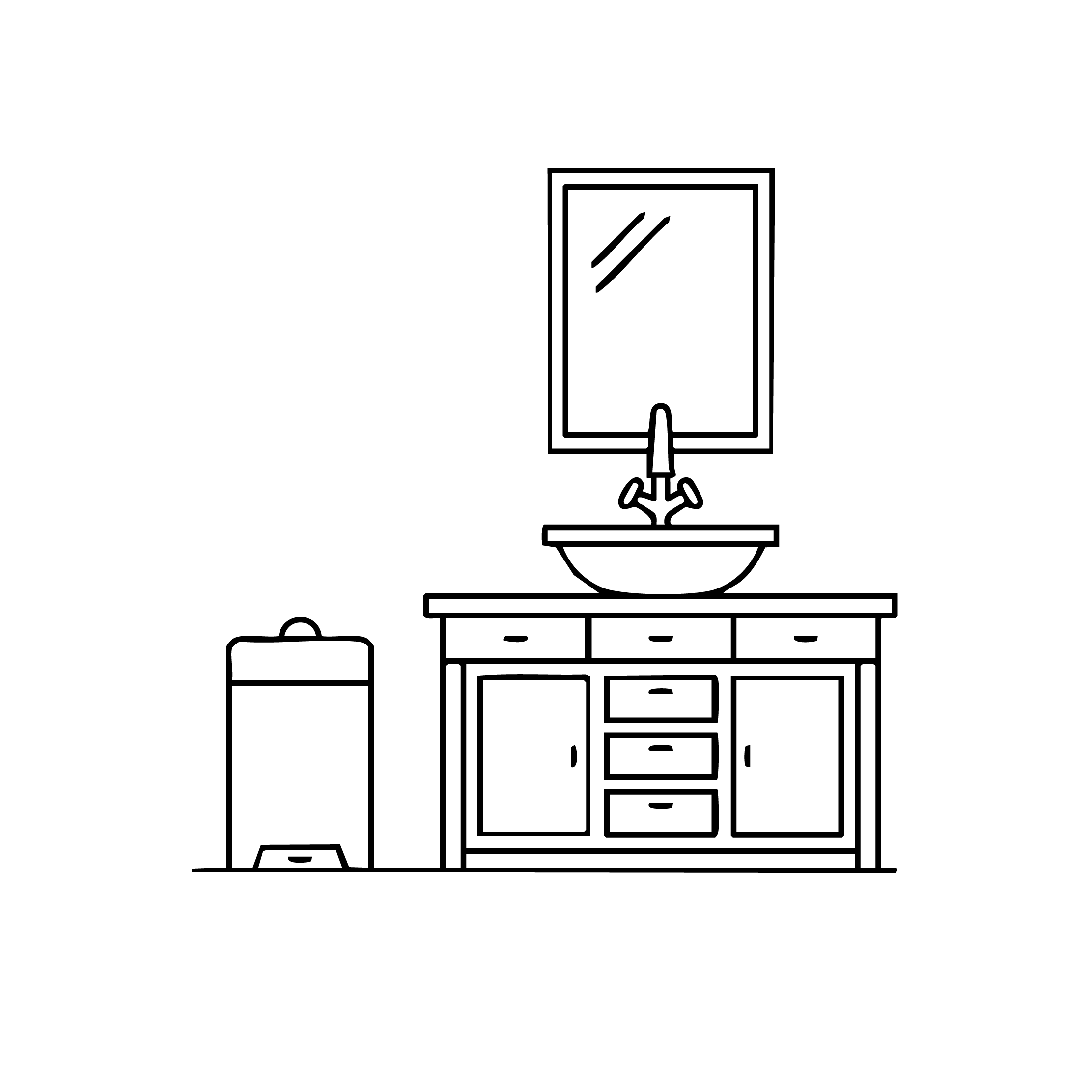 Line drawing of a bathroom vanity with sink, mirror, and trash can.