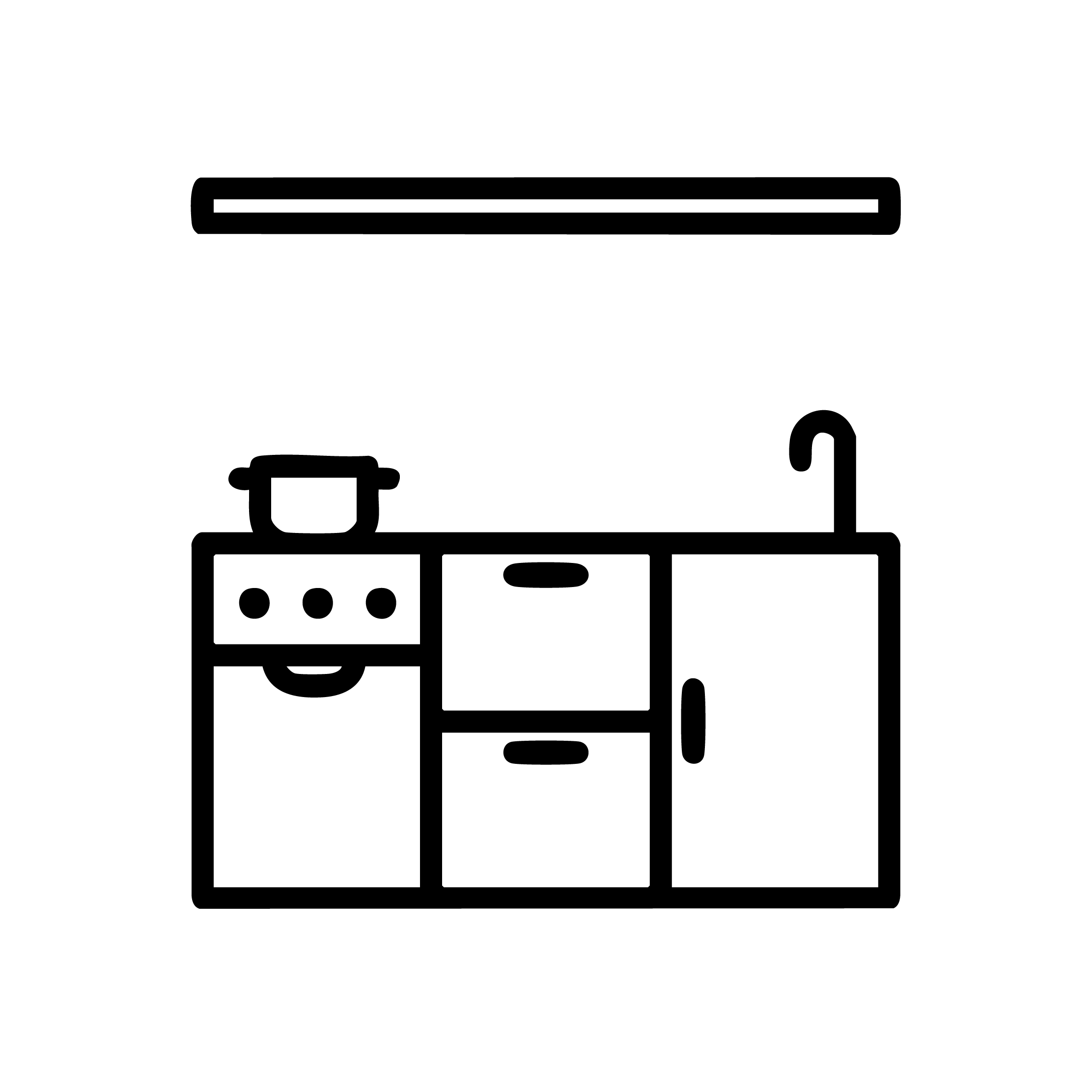 Line drawing of a kitchen cabinet with a pot on top