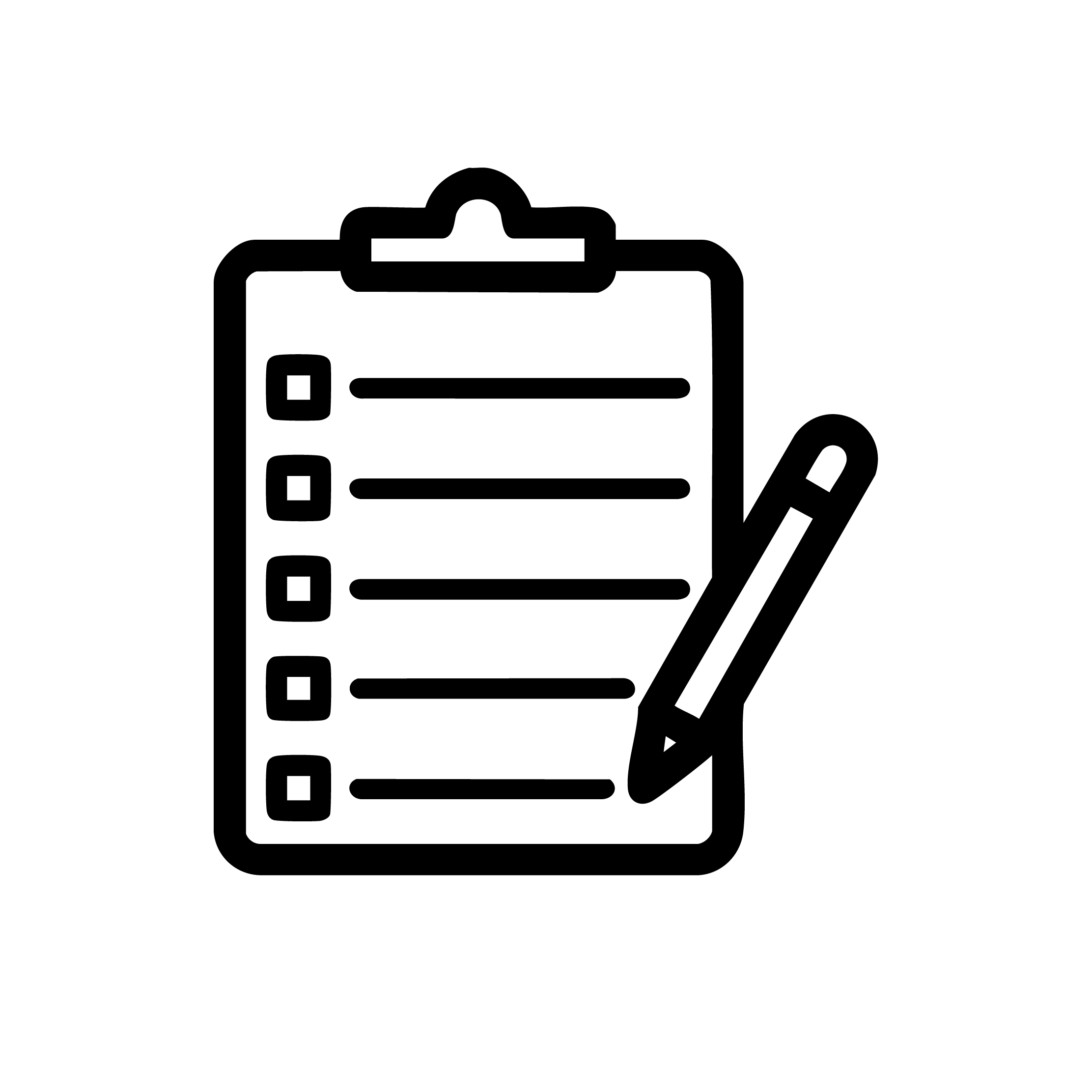 Icon of a clipboard with a checklist and pen on a white background